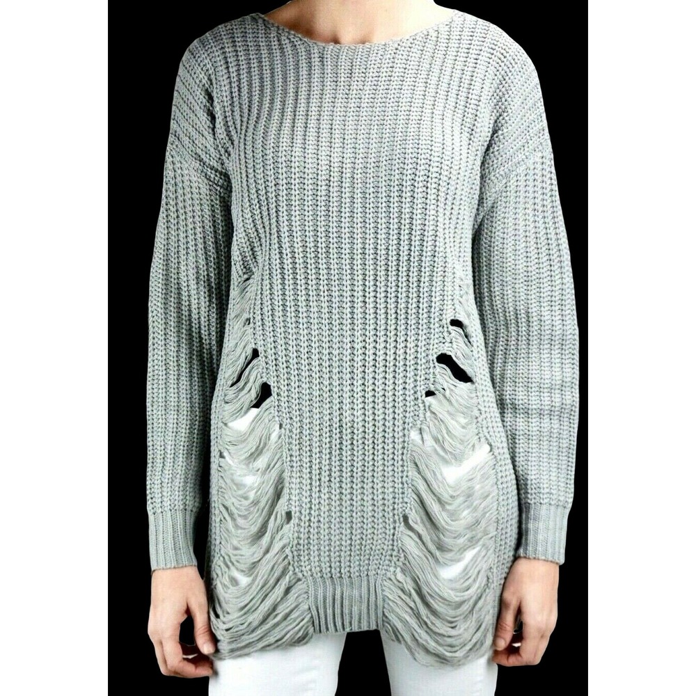 Elan Gray Ribbed Tunic Sweater Pullover Distressed Style Long Sleeve Size S